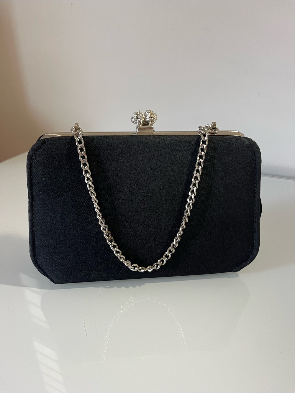 VTG Classic Black Evening Clutch with Silver Chain Strap